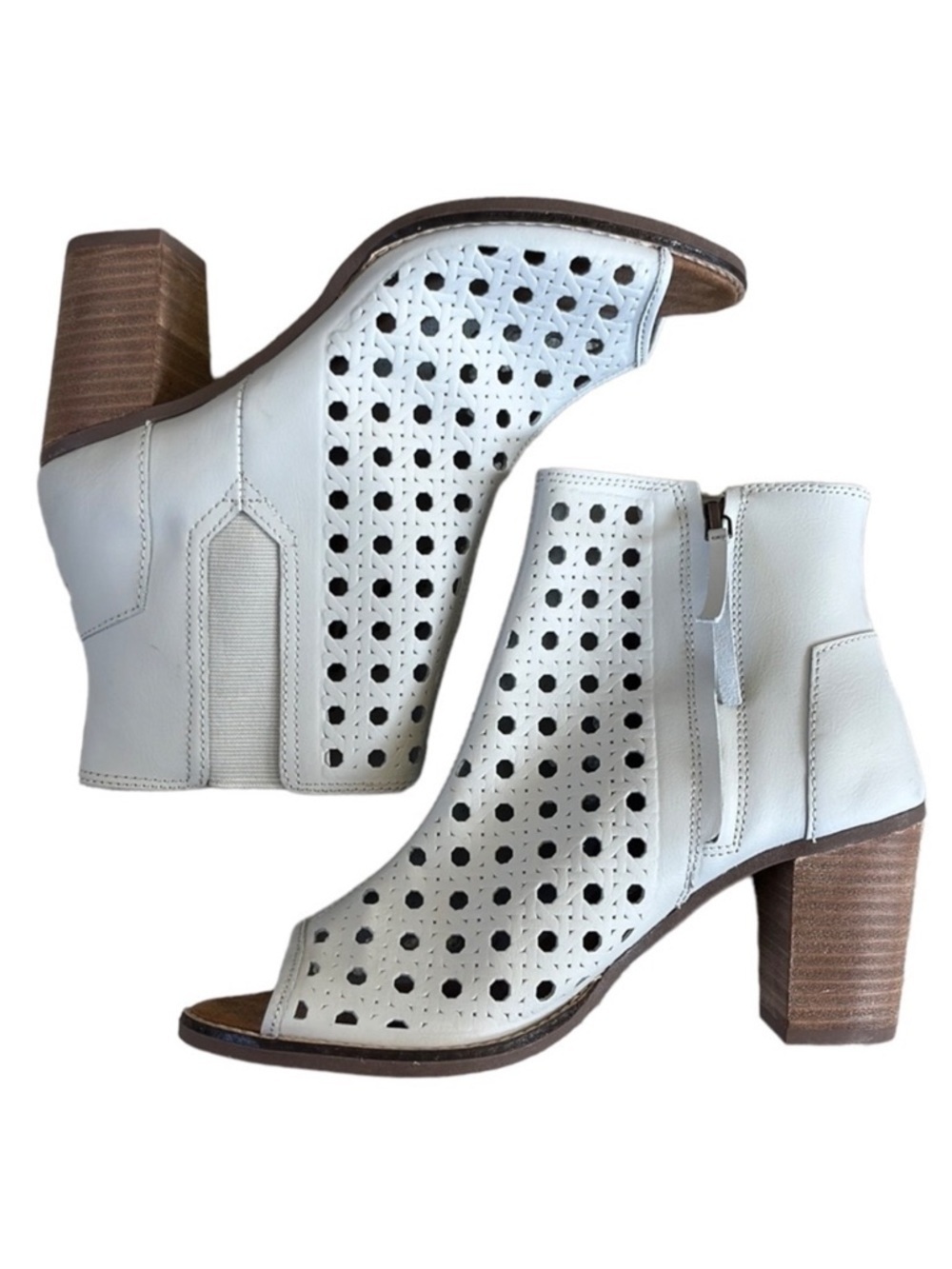 Like New Toms Leather Majorca Basket Weave Open Toe Booties Dove Grey Size 9.5